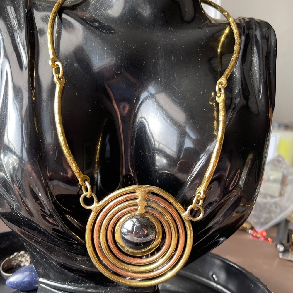 Vintage MCM Hematite Mixed Metals Disc Design Choker Length Necklace